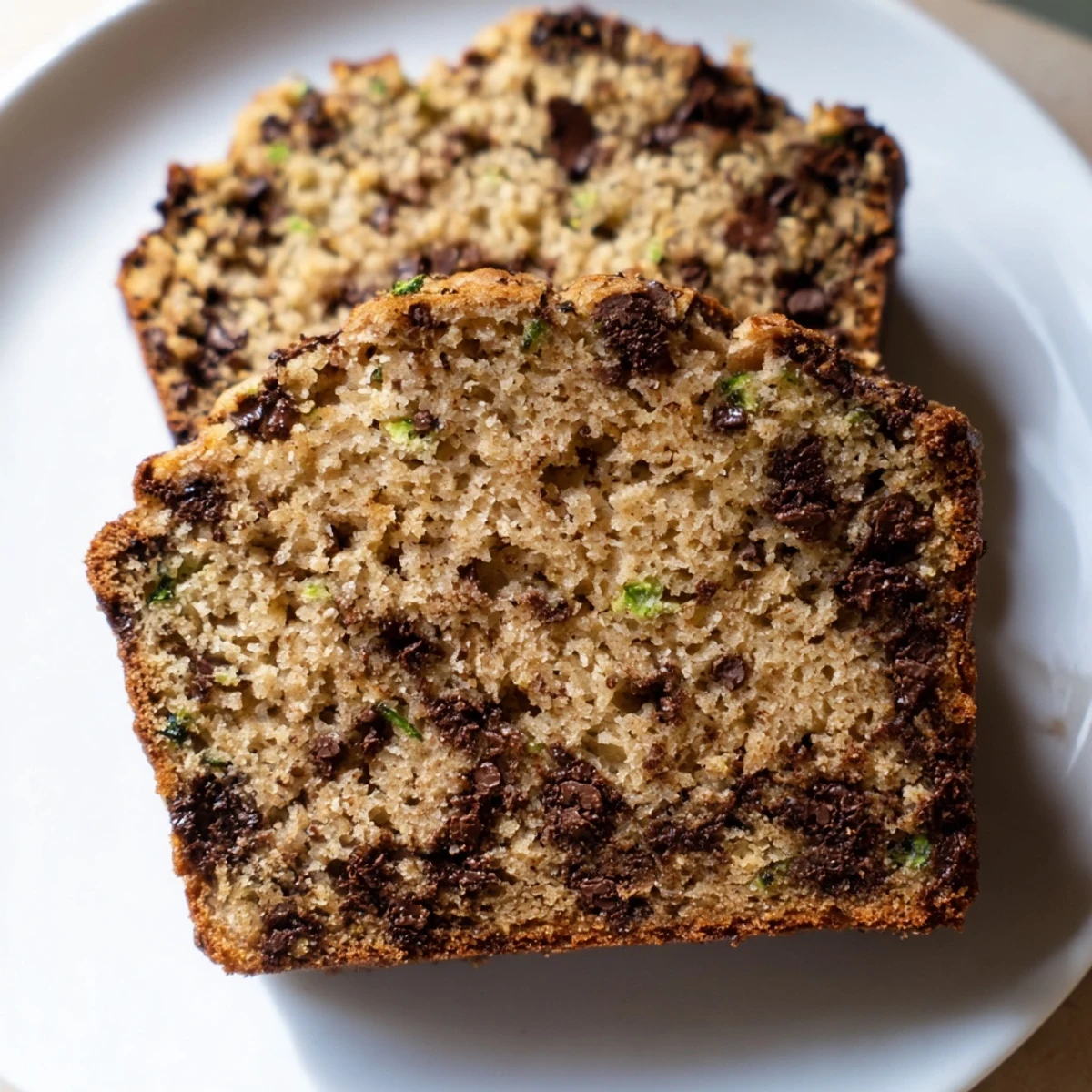 Freshly baked Chocolate Chip Zucchini Bread loaf sits on a wire rack, cooling before being enjoyed as a snack.