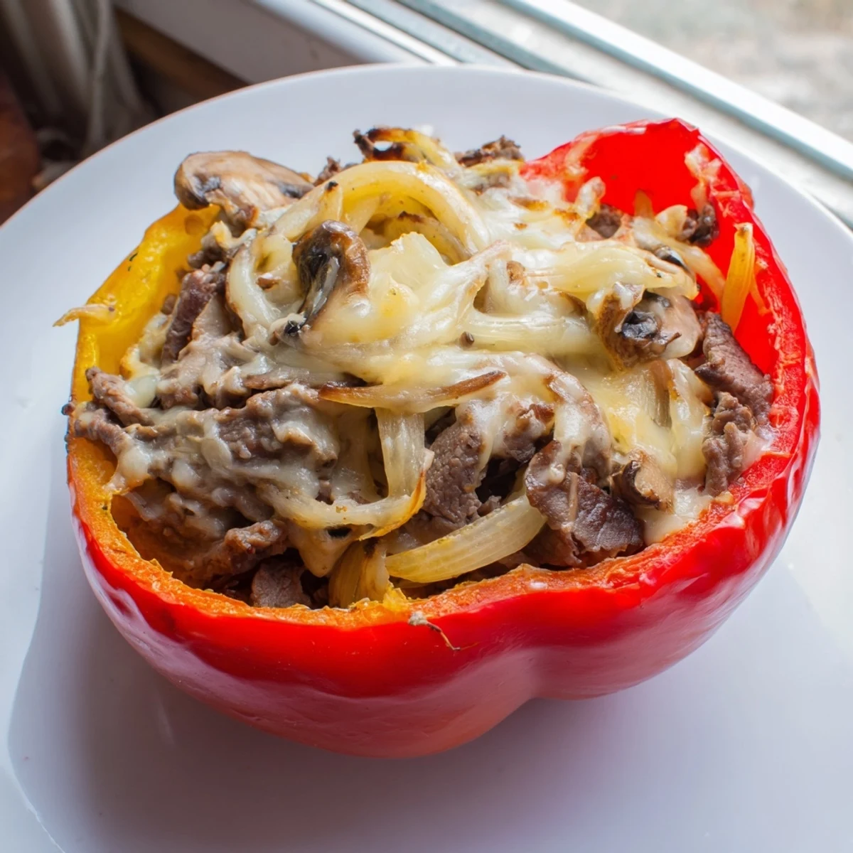Roasted red bell peppers brimming with savory sautéed beef, onions, and melted provolone, representing a delicious low-carb Beef Philly Cheesesteak Stuffed Peppers recipe.