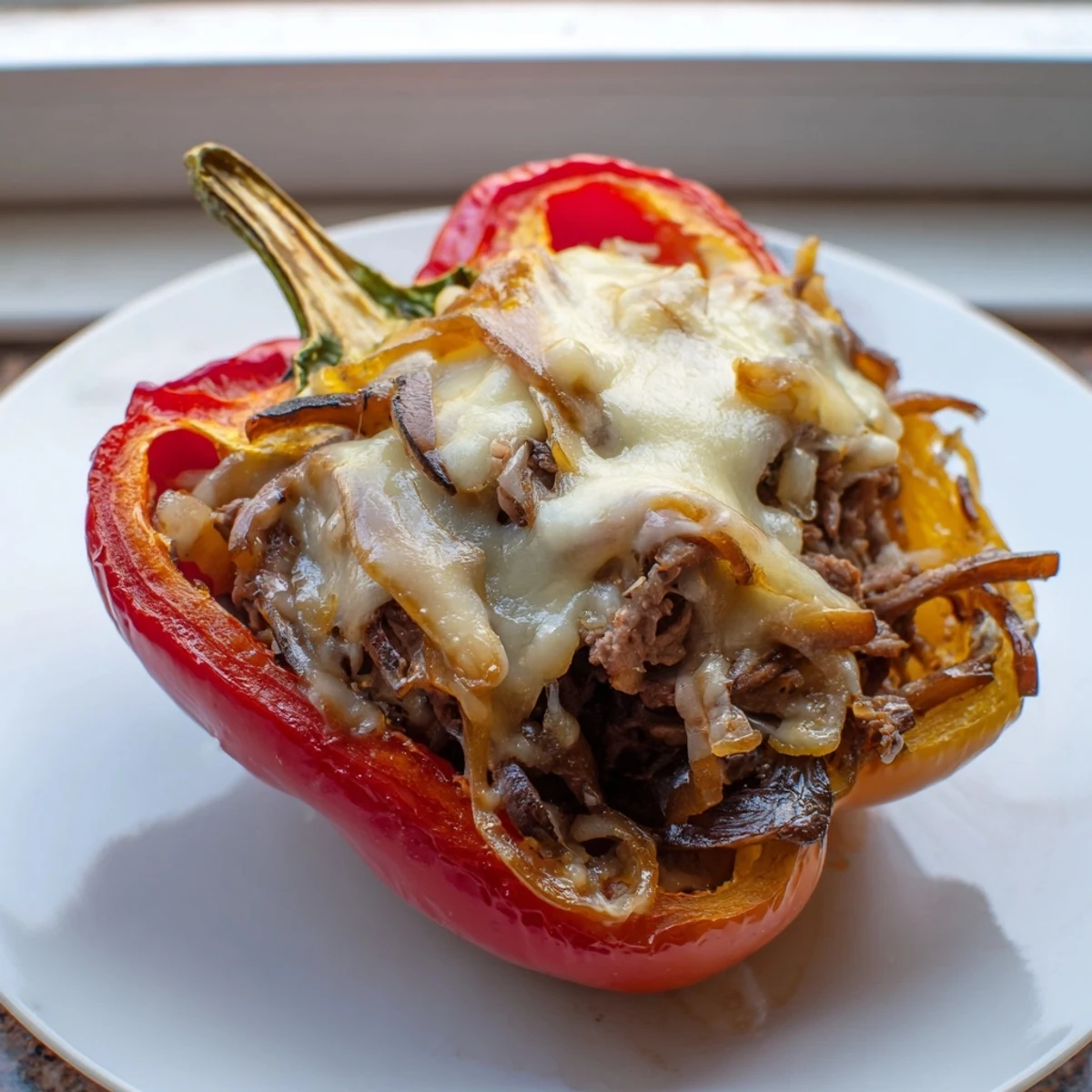 A healthy main dish serving of Beef Philly Cheesesteak Stuffed Peppers, perfect for an easy weeknight dinner with a gluten-free, low-carb focus.