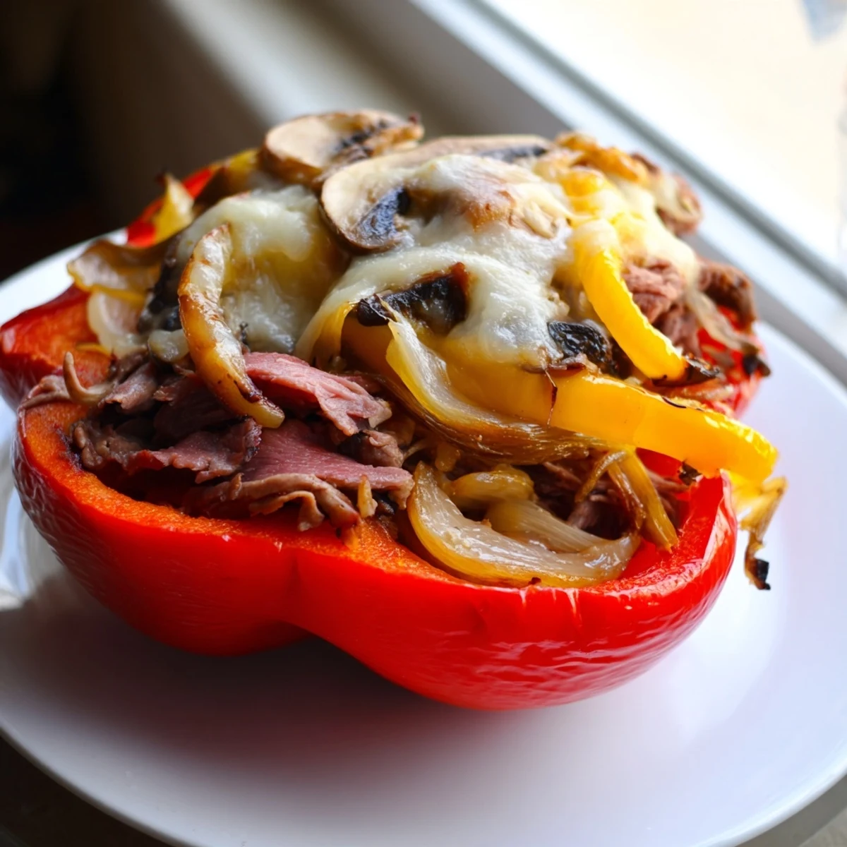 Close-up view of Beef Philly Cheesesteak Stuffed Peppers, showcasing golden bubbling cheese topping on tender peppers filled with beef and onions.