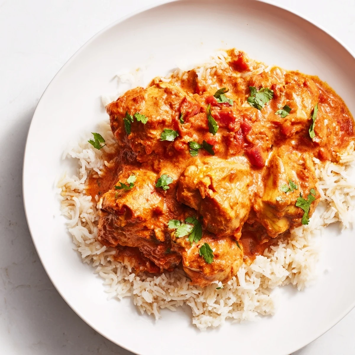 A vibrant photo of Chicken Tikka Masala with Basmati Rice, featuring tender chicken in a creamy, spiced tomato sauce, served over fluffy rice with fresh cilantro garnish.