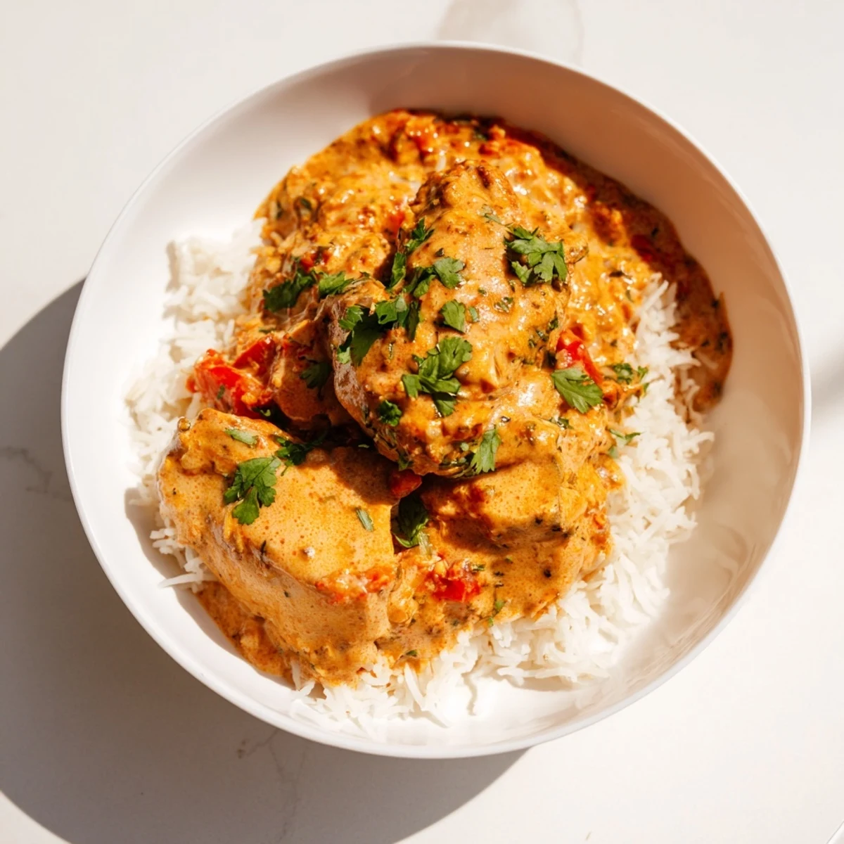 Close-up view of Chicken Tikka Masala with Basmati Rice, highlighting the rich, orange sauce enveloping marinated chicken pieces alongside fragrant, steaming basmati rice.
