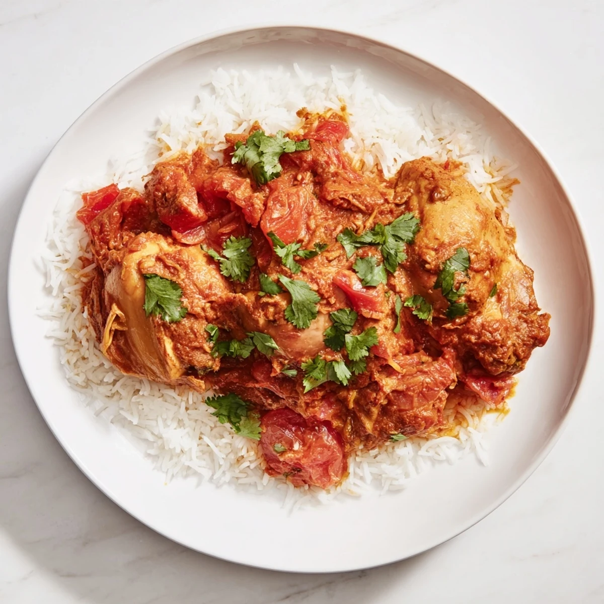 Steaming platter of Chicken Tikka Masala with Basmati Rice, ready to serve, with a side of naan bread and a sprinkle of green cilantro.