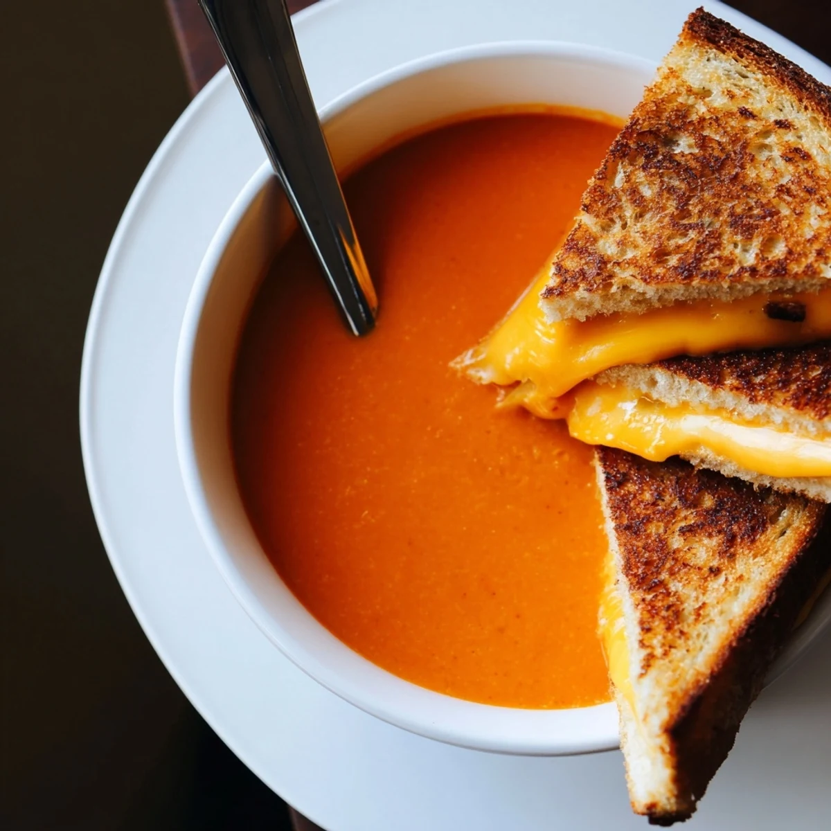Creamy Tomato Soup with Grilled Cheese Dippers served in a white bowl with golden dippers alongside