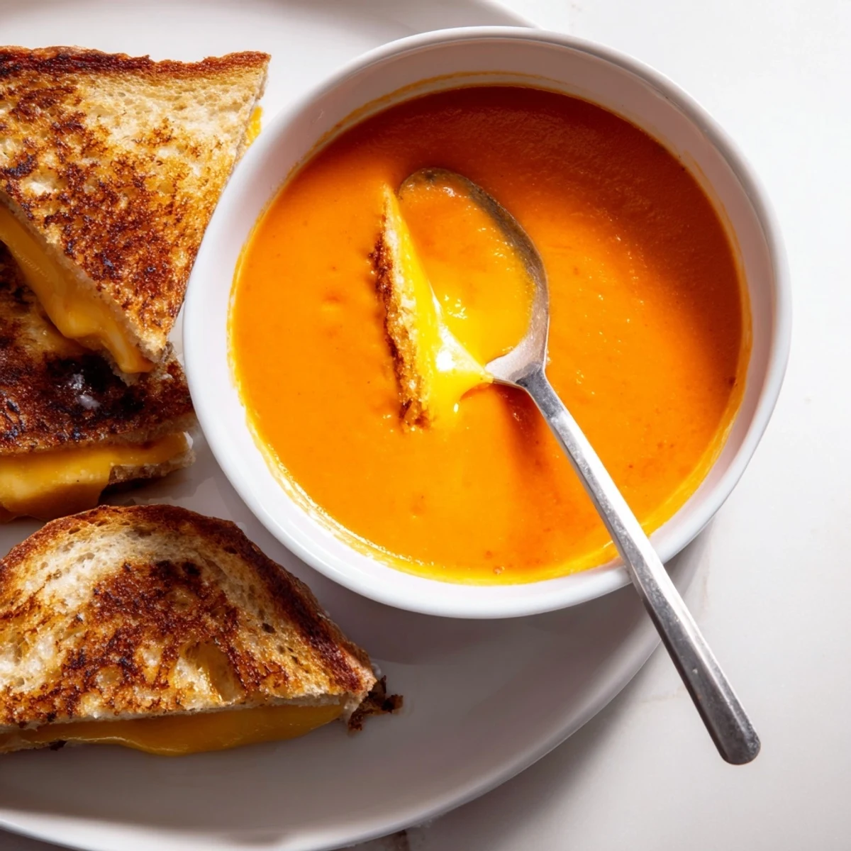Close-up of Creamy Tomato Soup with Grilled Cheese Dippers, showcasing the smooth texture and crispy grilled strips