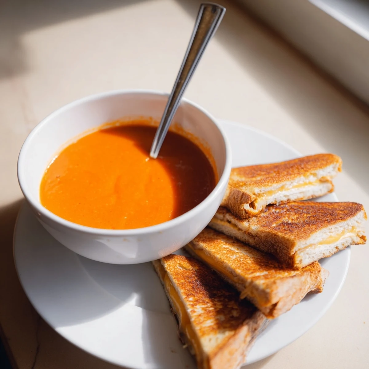 A warm bowl of Creamy Tomato Soup with Grilled Cheese Dippers, steam rising from the velvety red broth