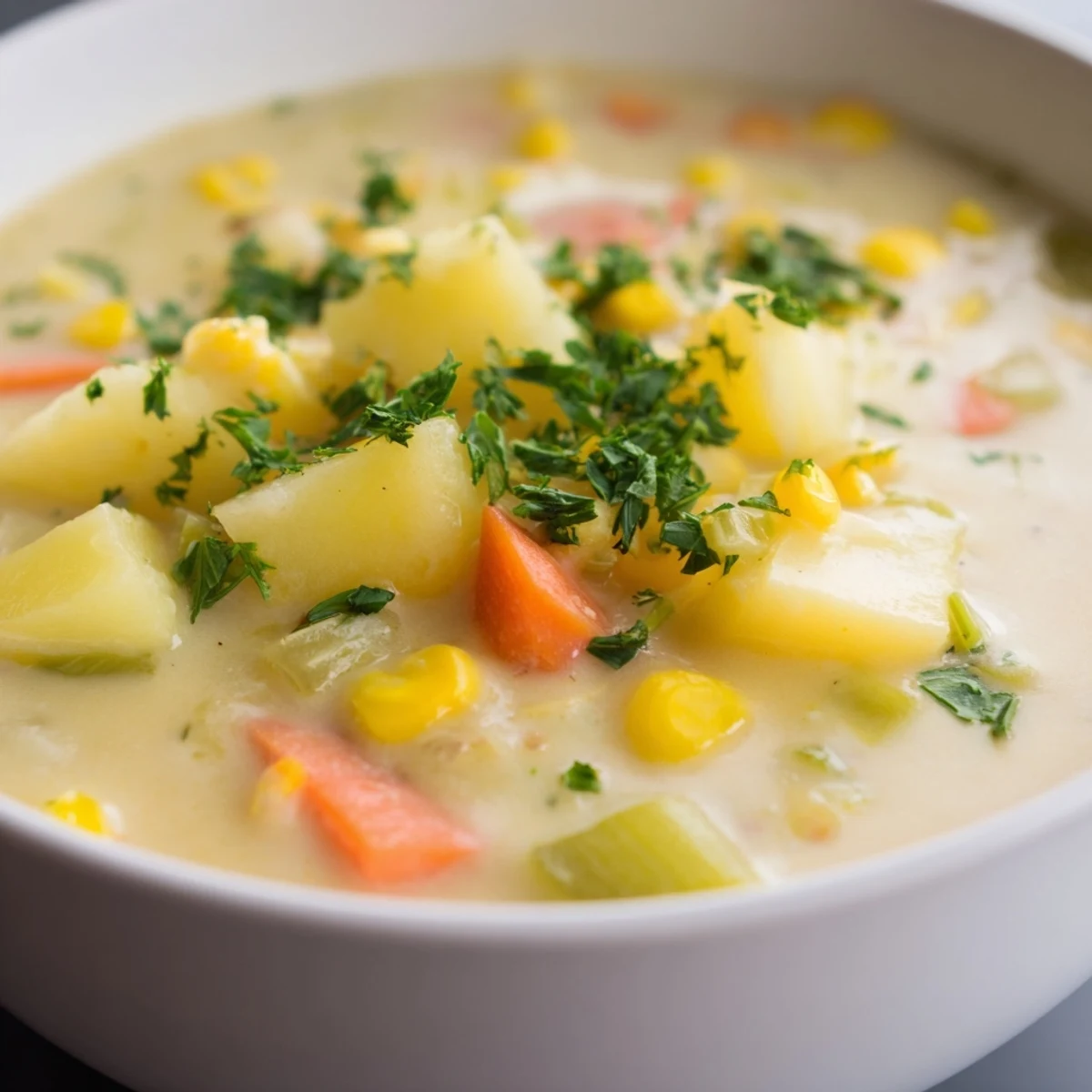 Steaming bowl of creamy corn chowder with potatoes topped with fresh chives.