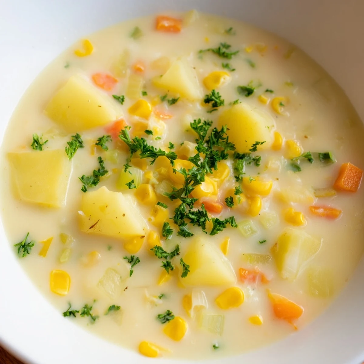 A close-up of velvety corn chowder with potatoes, garnished with parsley and bacon bits.