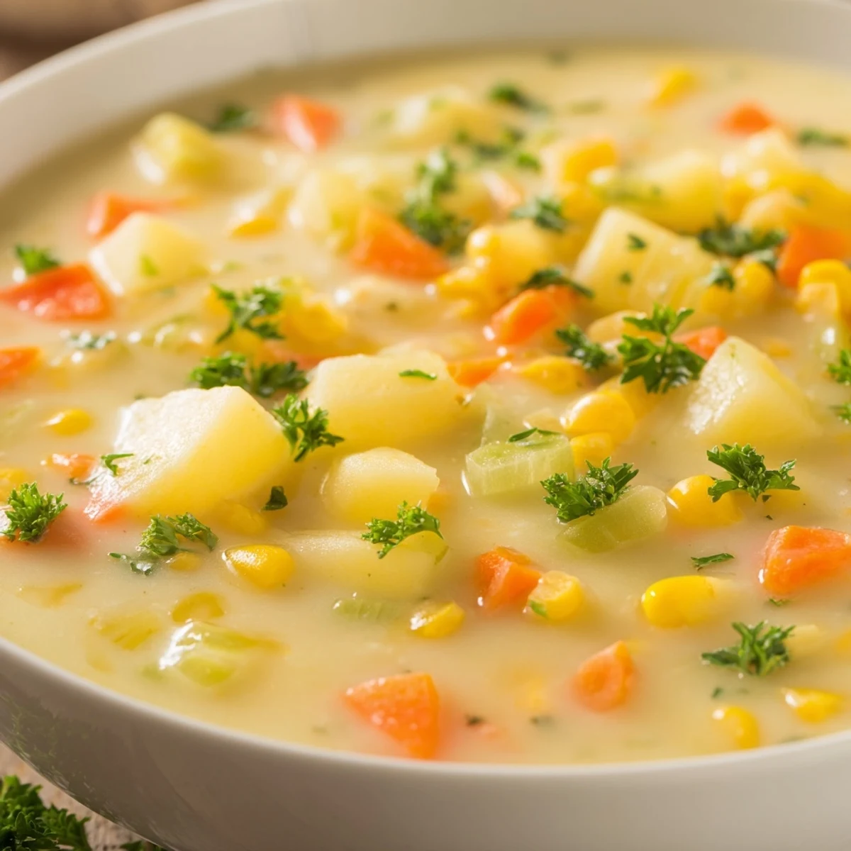 Homemade creamy corn chowder with potatoes served hot in a rustic bread bowl.