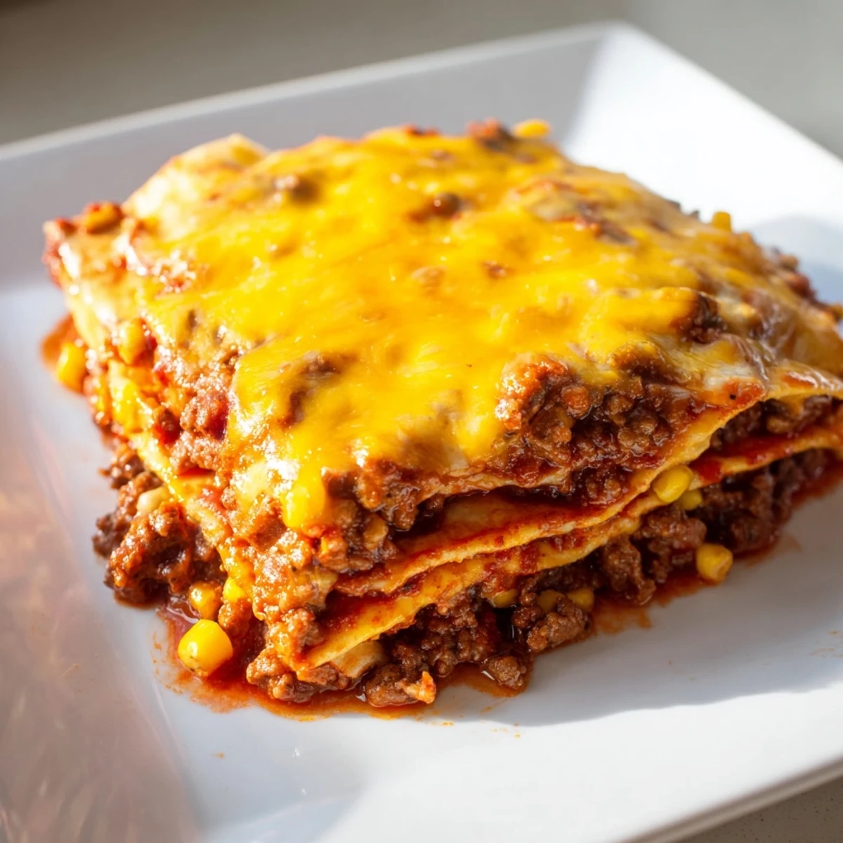 Layered Beef Enchilada Casserole with cheese, featuring seasoned beef, corn tortillas, and melted cheese, served with fresh cilantro.