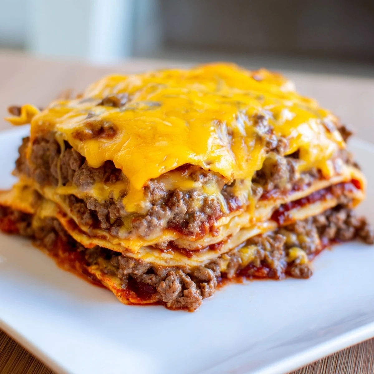 A close-up of baked Beef Enchilada Casserole with cheese, showing bubbly golden cheddar and Monterey Jack on a hearty Tex-Mex meal.