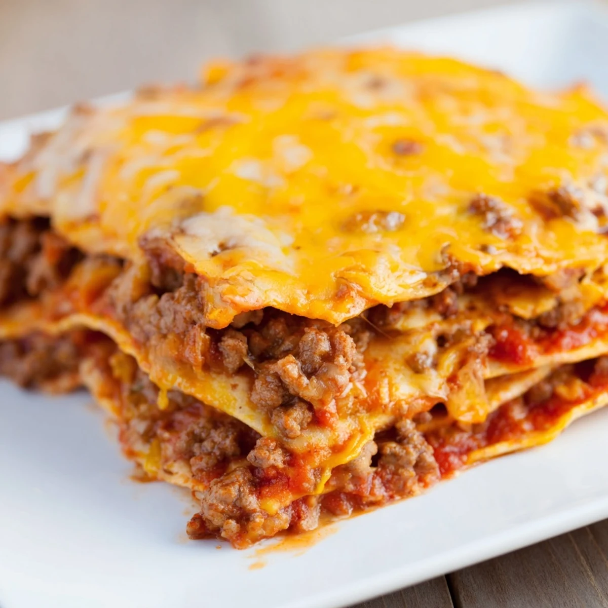 Sizzling ground beef and onions for Beef Enchilada Casserole with cheese, layered with tortillas and sauce, ready to serve with sour cream.