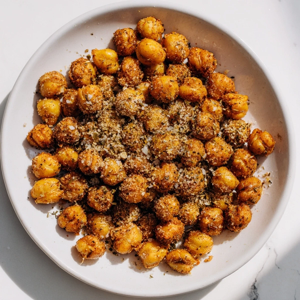A close-up of Cajun Spiced Roasted Chickpeas on a wooden spoon, showing their crunchy, spiced texture.