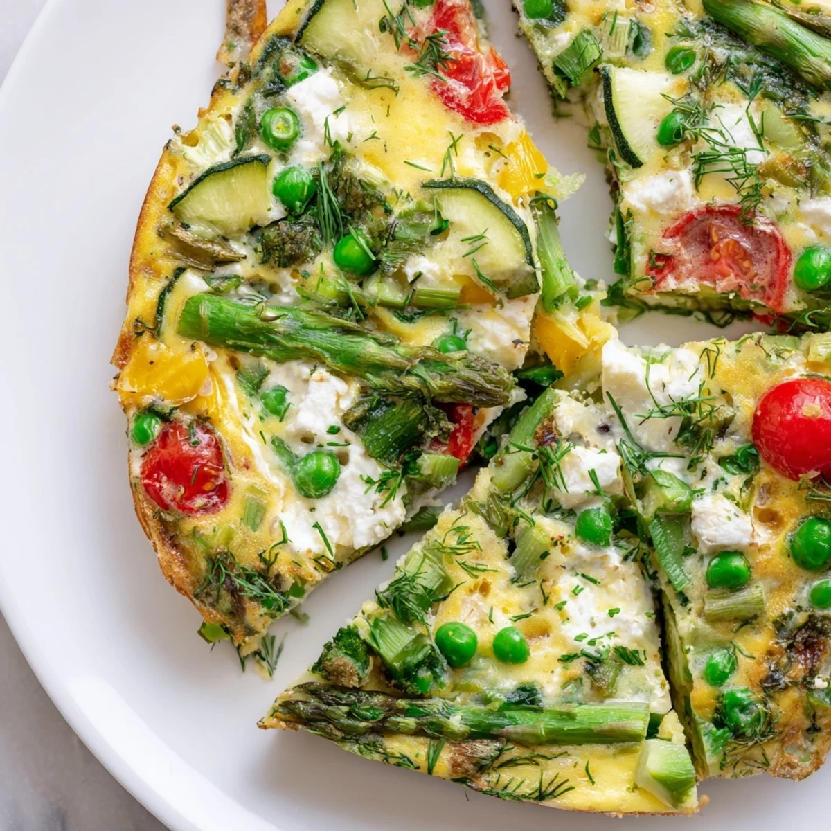 Spring Vegetable Frittata with Herbs baked golden in a skillet, showing asparagus and spinach peeking through creamy eggs.  