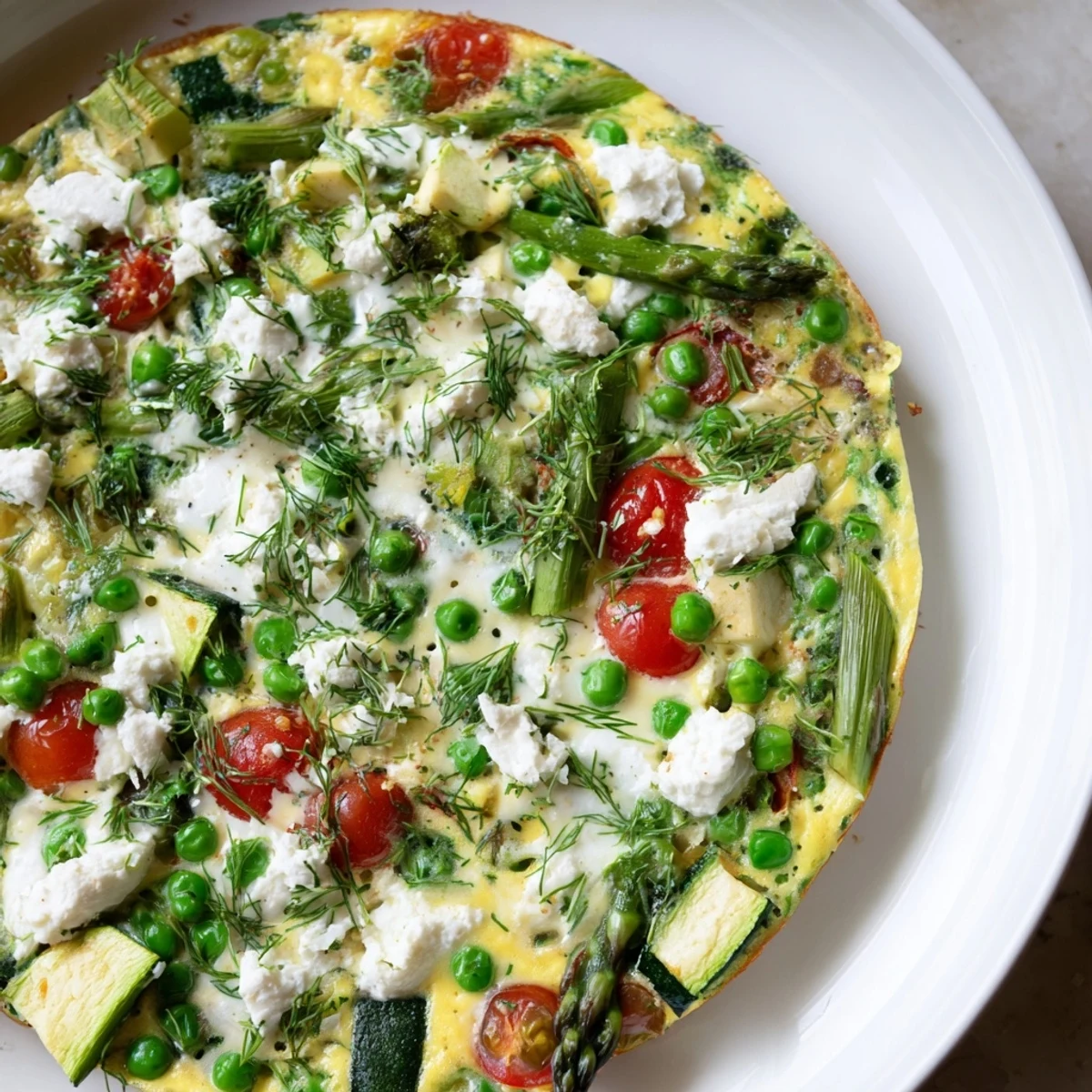 A close-up of Spring Vegetable Frittata with Herbs, topped with crumbled feta and fresh parsley on a rustic table.  