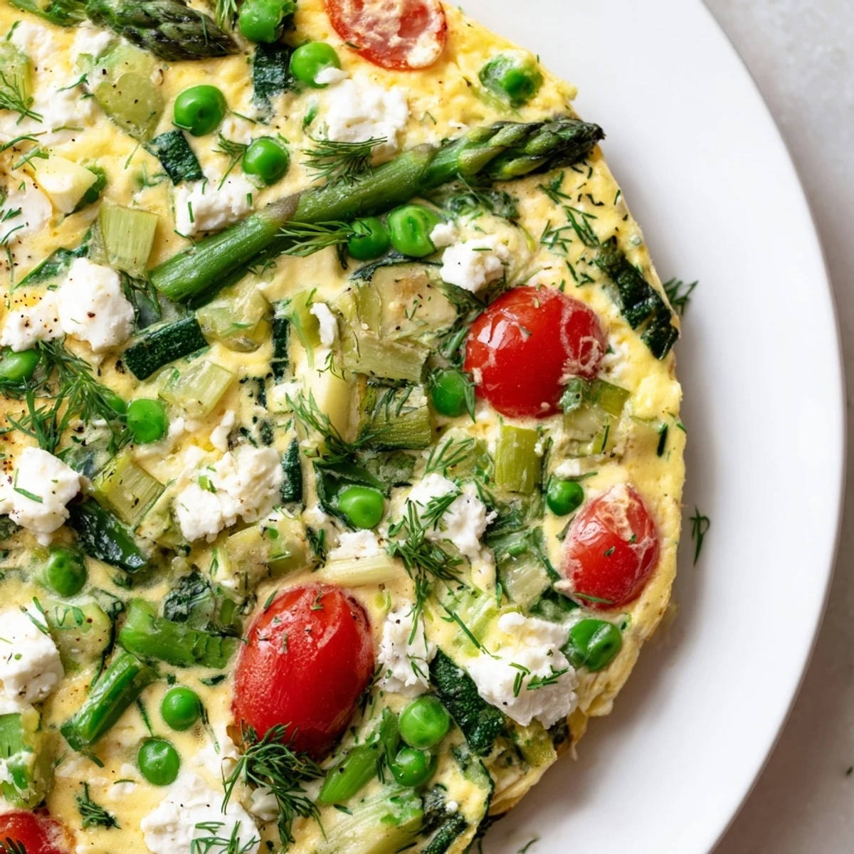 Slice of Spring Vegetable Frittata with Herbs served warm on a plate, paired with a glass of crisp white wine.