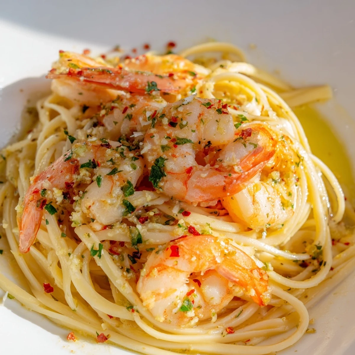 Steaming Lemon Garlic Shrimp Pasta served in a white bowl with fresh parsley and lemon wedges.