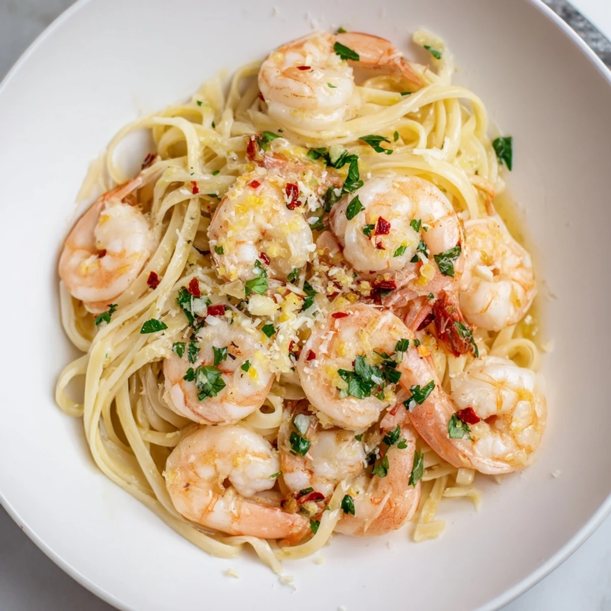 Sizzling pan of Lemon Garlic Shrimp Pasta tossed in a glossy sauce with bright herbs.
