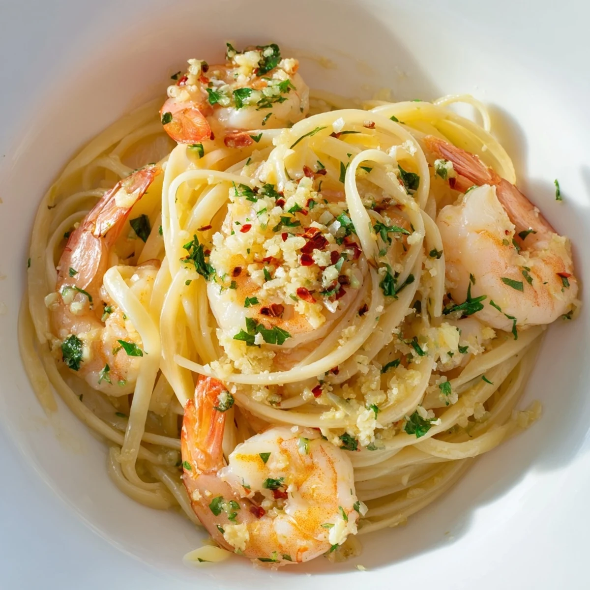 Close-up of Lemon Garlic Shrimp Pasta on a plate, highlighting succulent shrimp and al dente noodles.