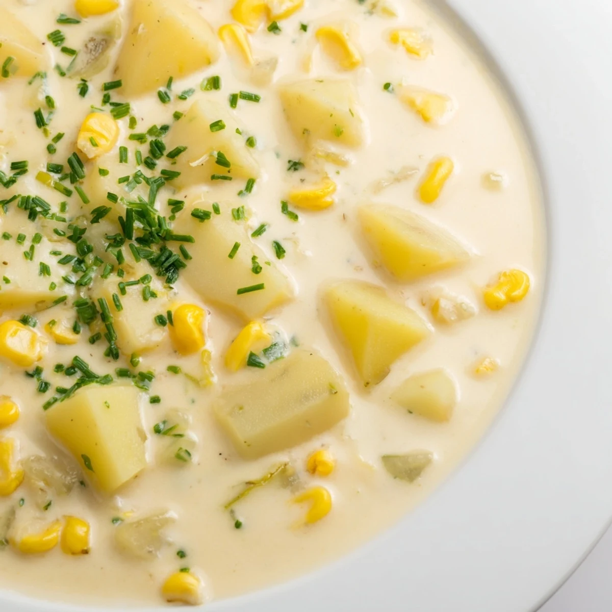 Creamy Corn Chowder with Potatoes and Herbs served steaming in a rustic bowl with fresh chives.
