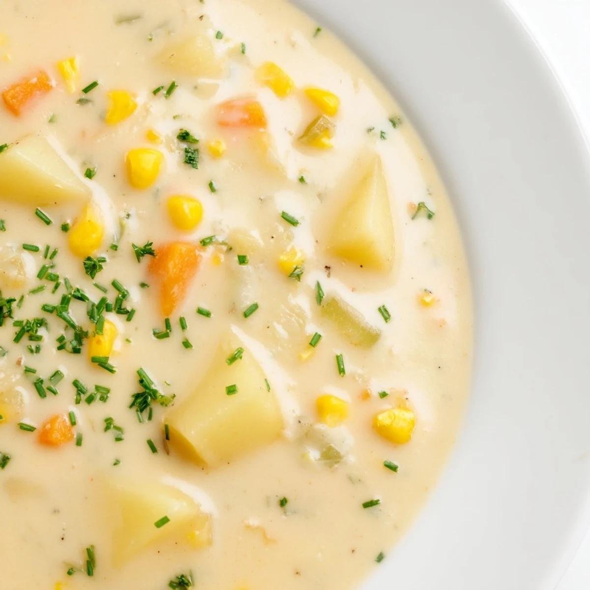 A spoon dips into Creamy Corn Chowder with Potatoes and Herbs revealing velvety broth and corn.
