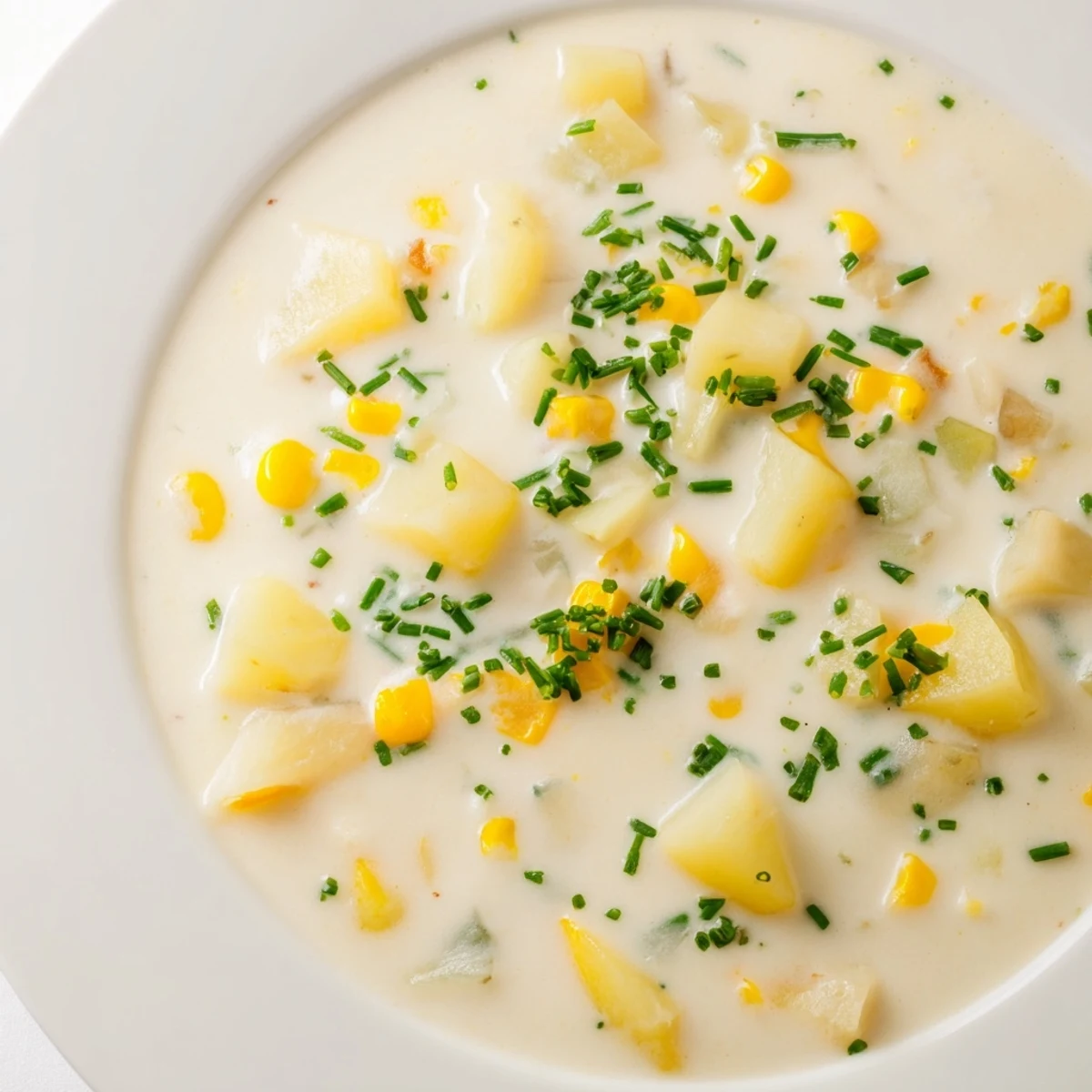 Hearty Creamy Corn Chowder with Potatoes and Herbs in a white bowl beside crusty bread.
