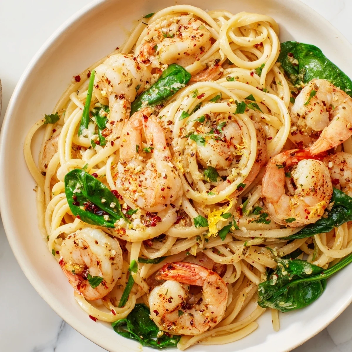 Steaming bowl of Lemon Garlic Shrimp Pasta with Spinach garnished with fresh parsley and lemon wedges.
