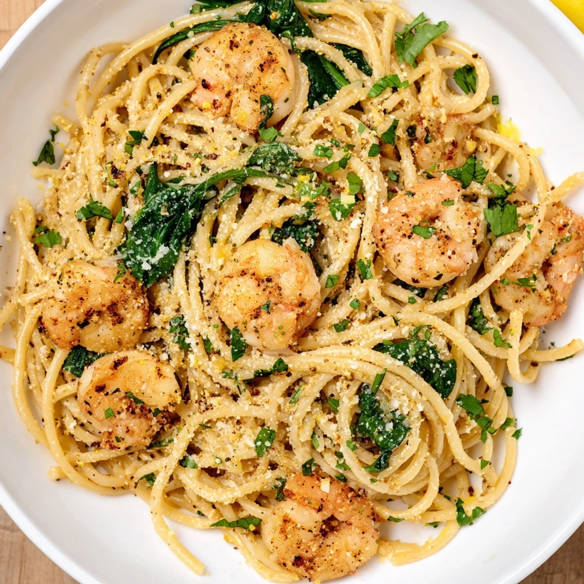 A close-up view of Lemon Garlic Shrimp Pasta with Spinach featuring sautéed shrimp and wilted greens.