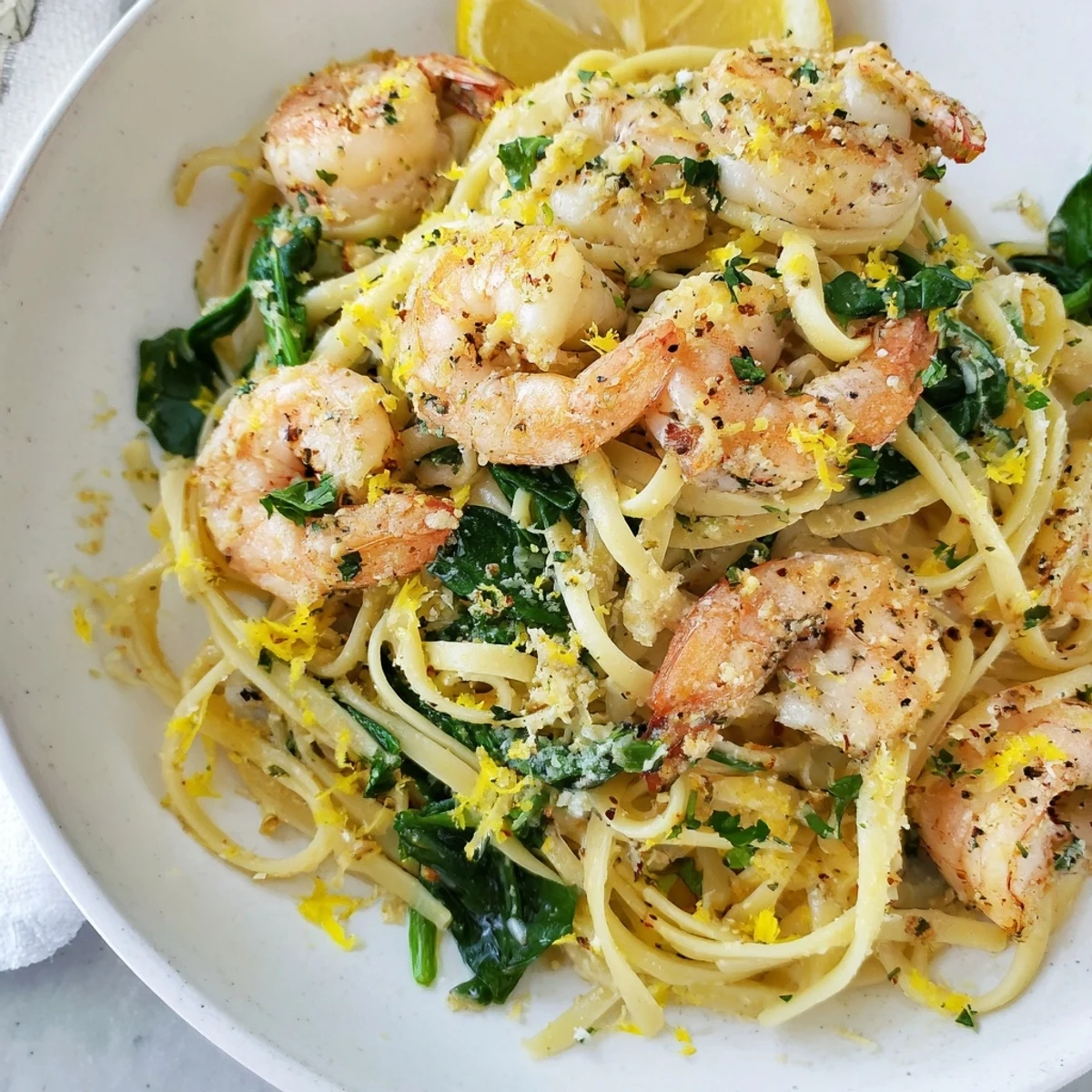 Ready-to-serve Lemon Garlic Shrimp Pasta with Spinach topped with Parmesan and a drizzle of olive oil.