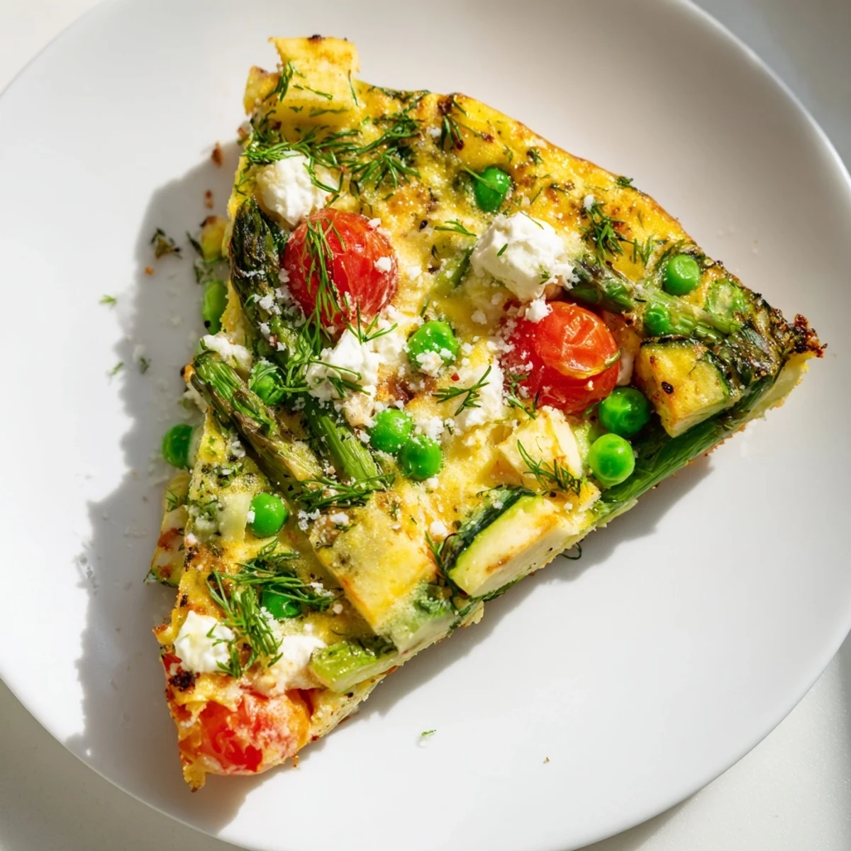 Close-up of Spring Vegetable Frittata with Fresh Herbs in a skillet, garnished with chives and served with a simple green salad.