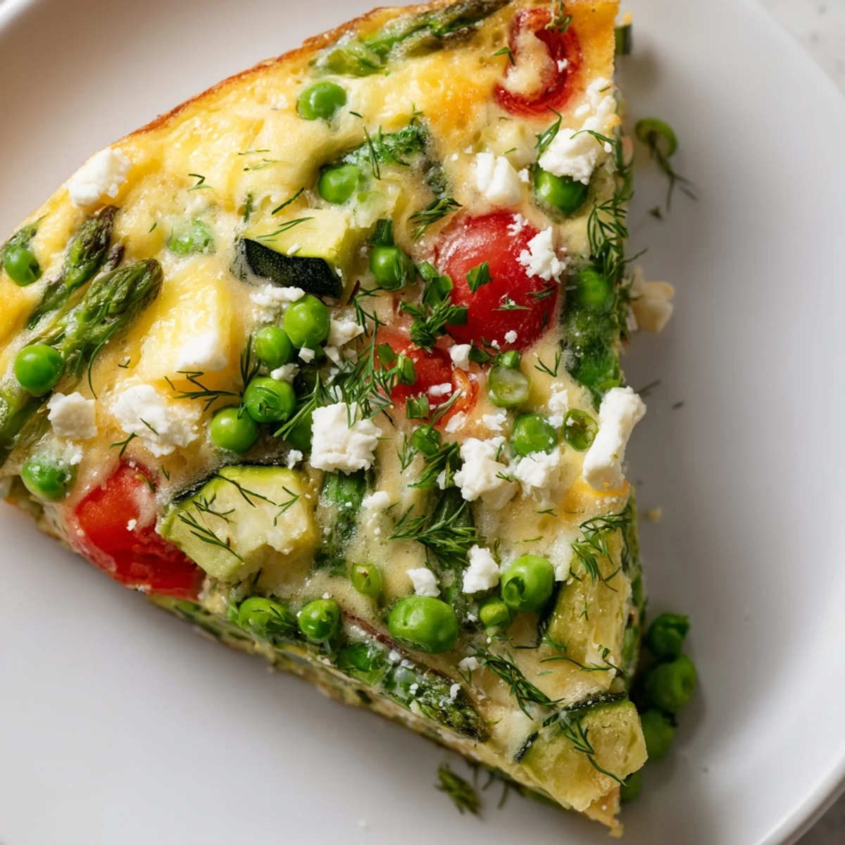 A slice of Spring Vegetable Frittata with Fresh Herbs sits on a white plate, showing fluffy eggs with asparagus and tomatoes.