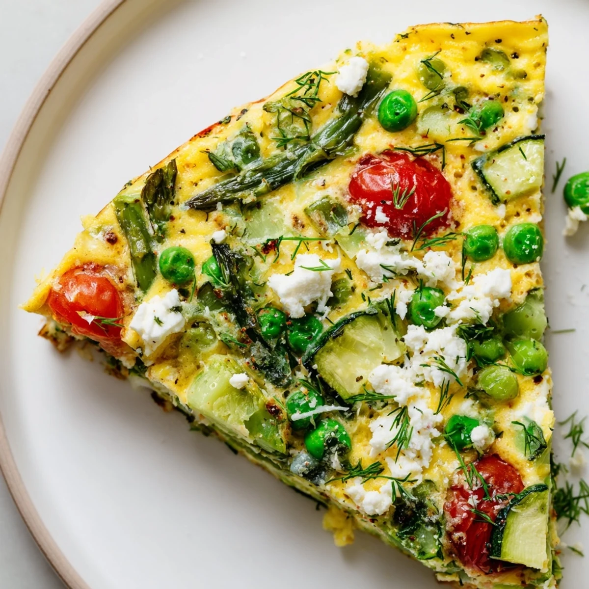 Freshly baked Spring Vegetable Frittata with Fresh Herbs, featuring vibrant peas and zucchini on a rustic wooden table.