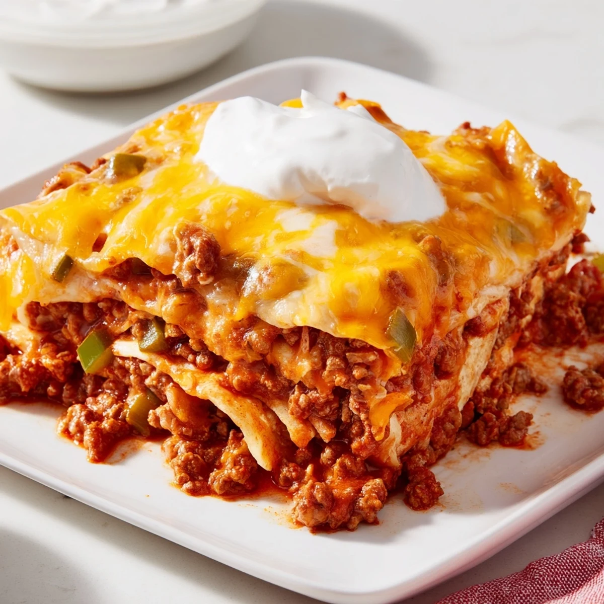 Steaming Beef Enchilada Casserole with Cheddar emerges golden and bubbly from the oven for a family dinner.
