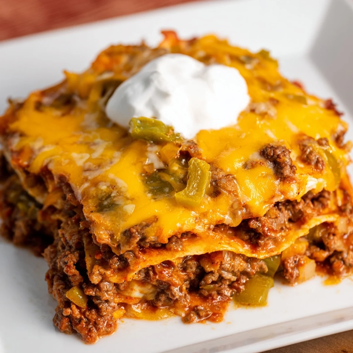 Fresh cilantro garnish accents the hearty Beef Enchilada Casserole with Cheddar, served with sour cream.