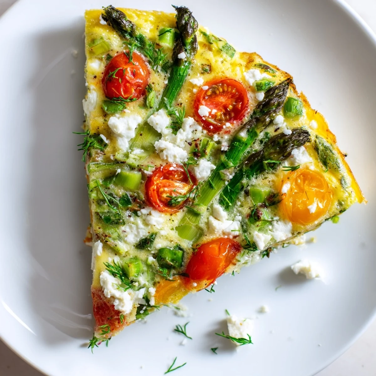 Golden-brown Spring Vegetable Frittata with Fresh Herbs, topped with crumbled feta, slices of zucchini, and vibrant asparagus spears.