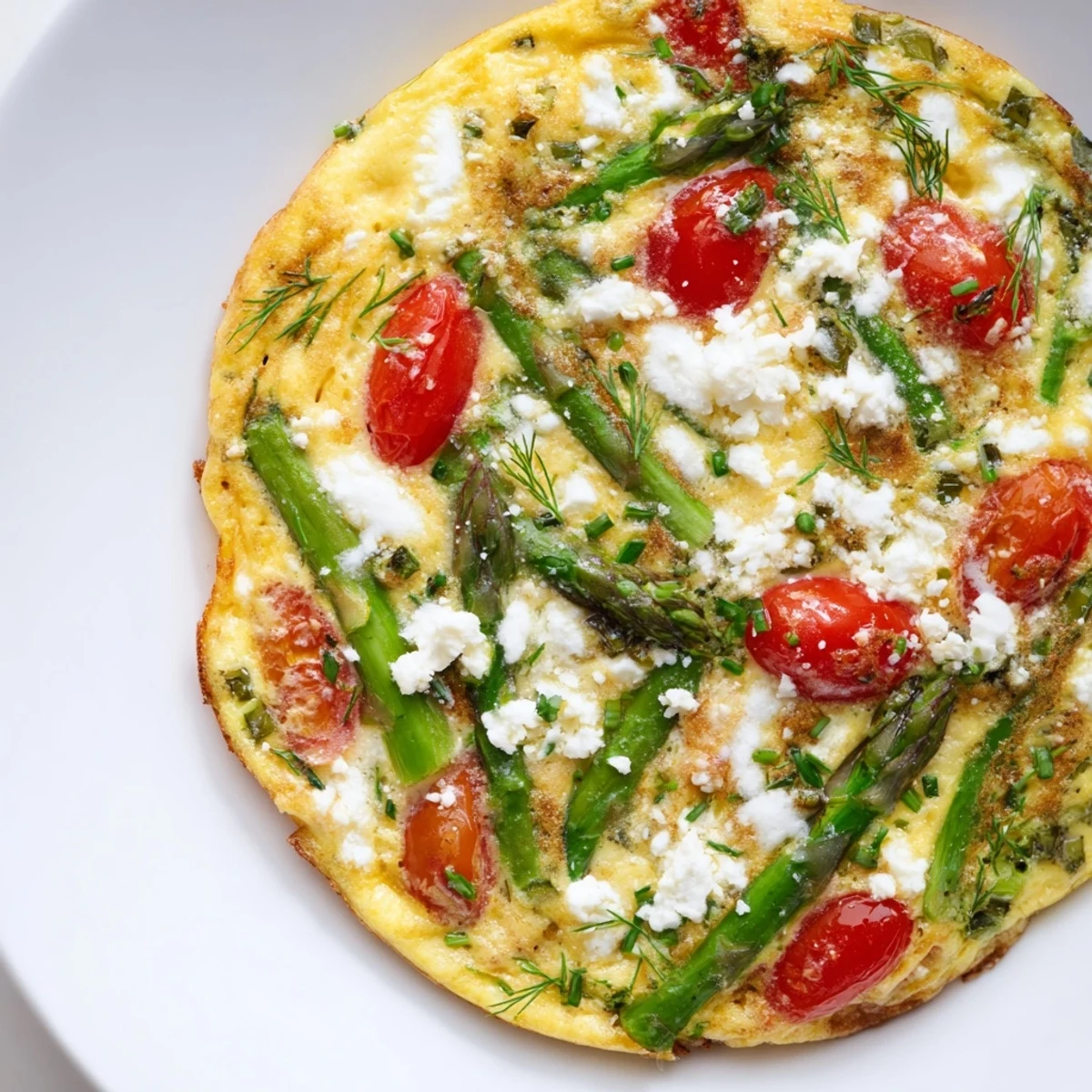 Spring Vegetable Frittata with Fresh Herbs bakes in a skillet, filled with green peas, spinach, and cherry tomatoes for brunch.