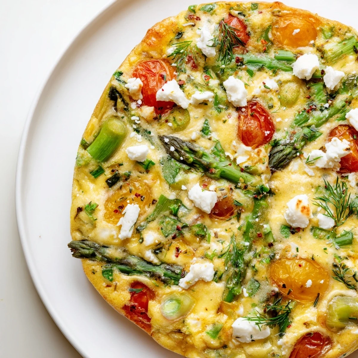 A close-up of sliced Spring Vegetable Frittata with Fresh Herbs, showing fluffy eggs and melted Parmesan on a rustic wooden board.
