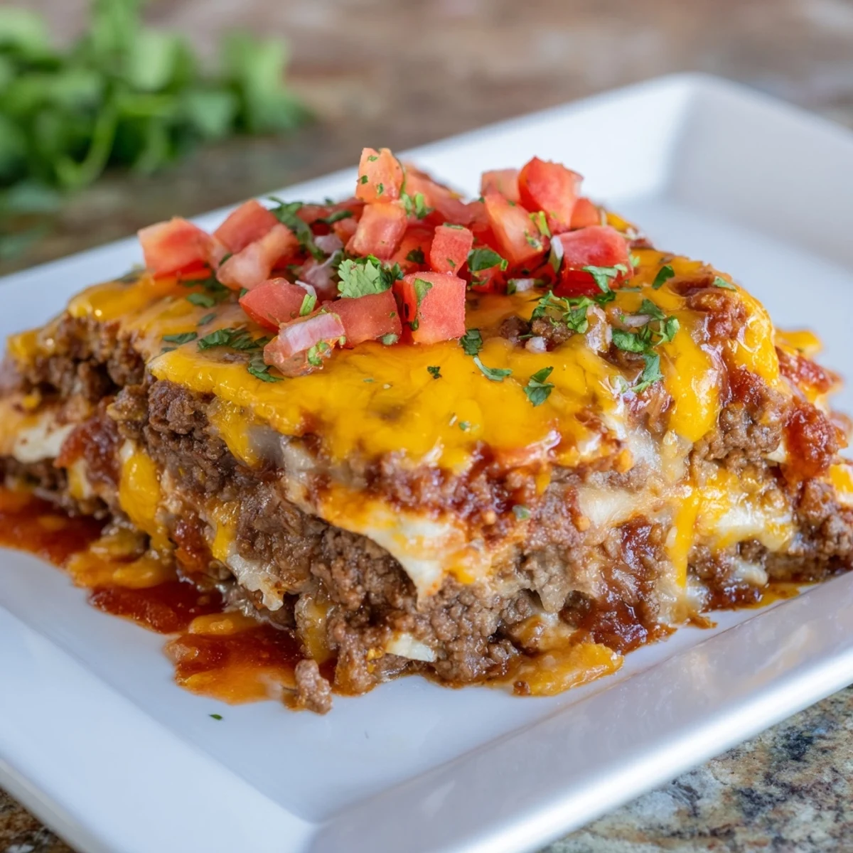 Beef Enchilada Casserole with Cheddar bubbling in a 9x13 baking dish with melted cheese and chopped cilantro garnish.  