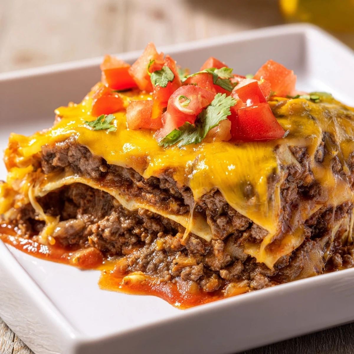 Freshly baked Beef Enchilada Casserole with Cheddar in a dish, layers of tortillas, beef, and red enchilada sauce visible.