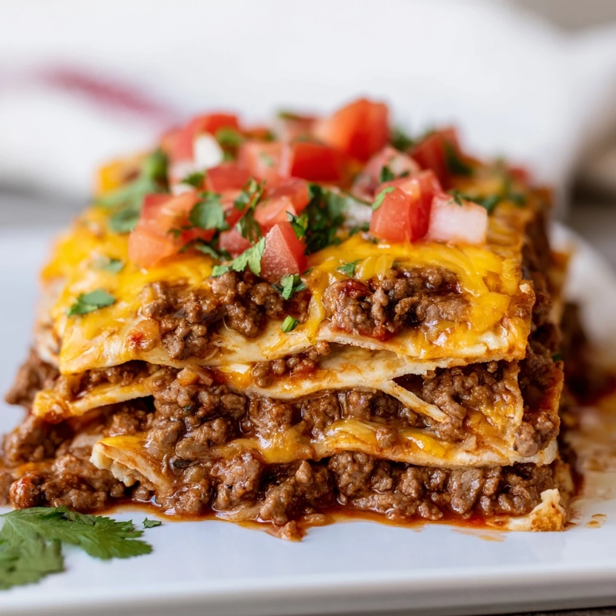A hearty slice of Beef Enchilada Casserole with Cheddar served on a plate next to sour cream and diced tomatoes.  
