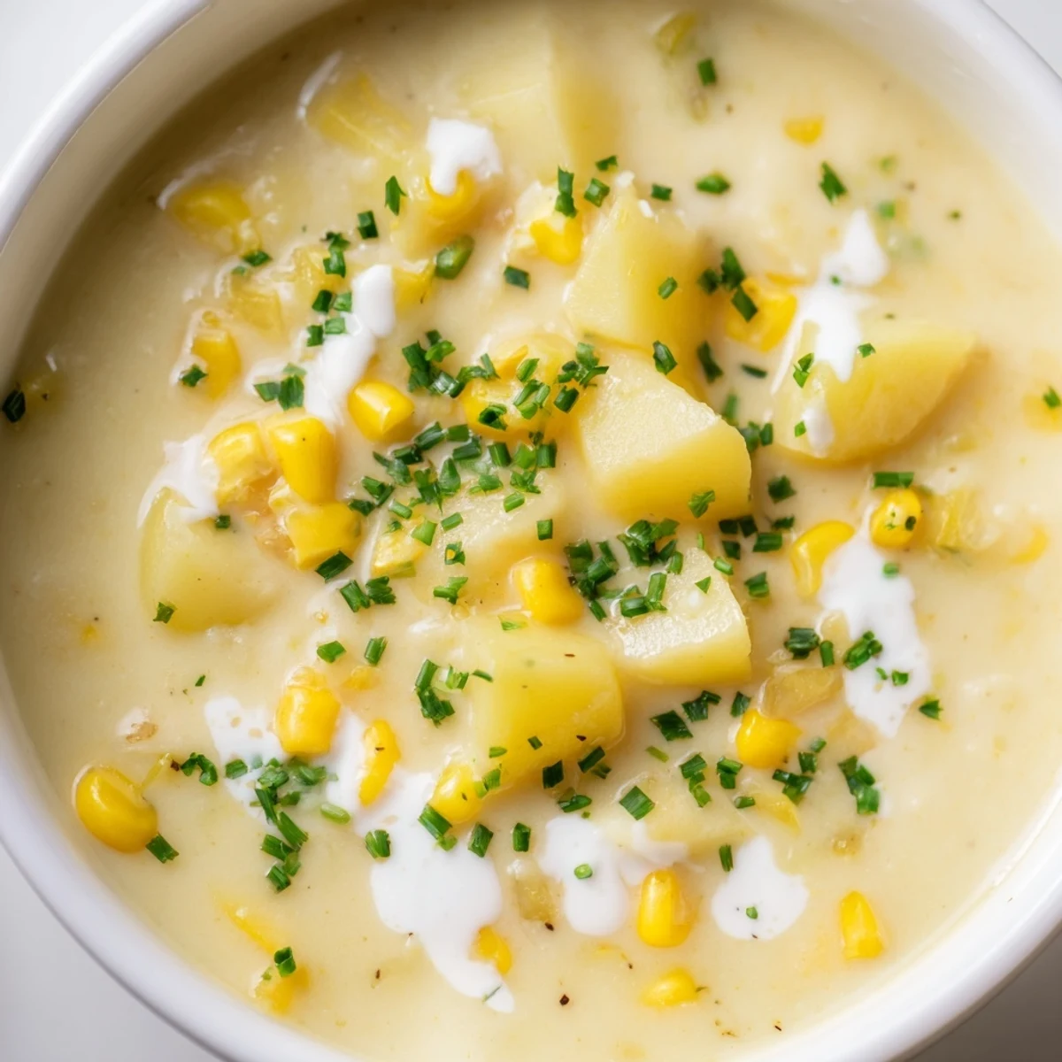 A cozy bowl of Creamy Corn Chowder with Potatoes and Herbs features tender potatoes and sweet corn kernels.