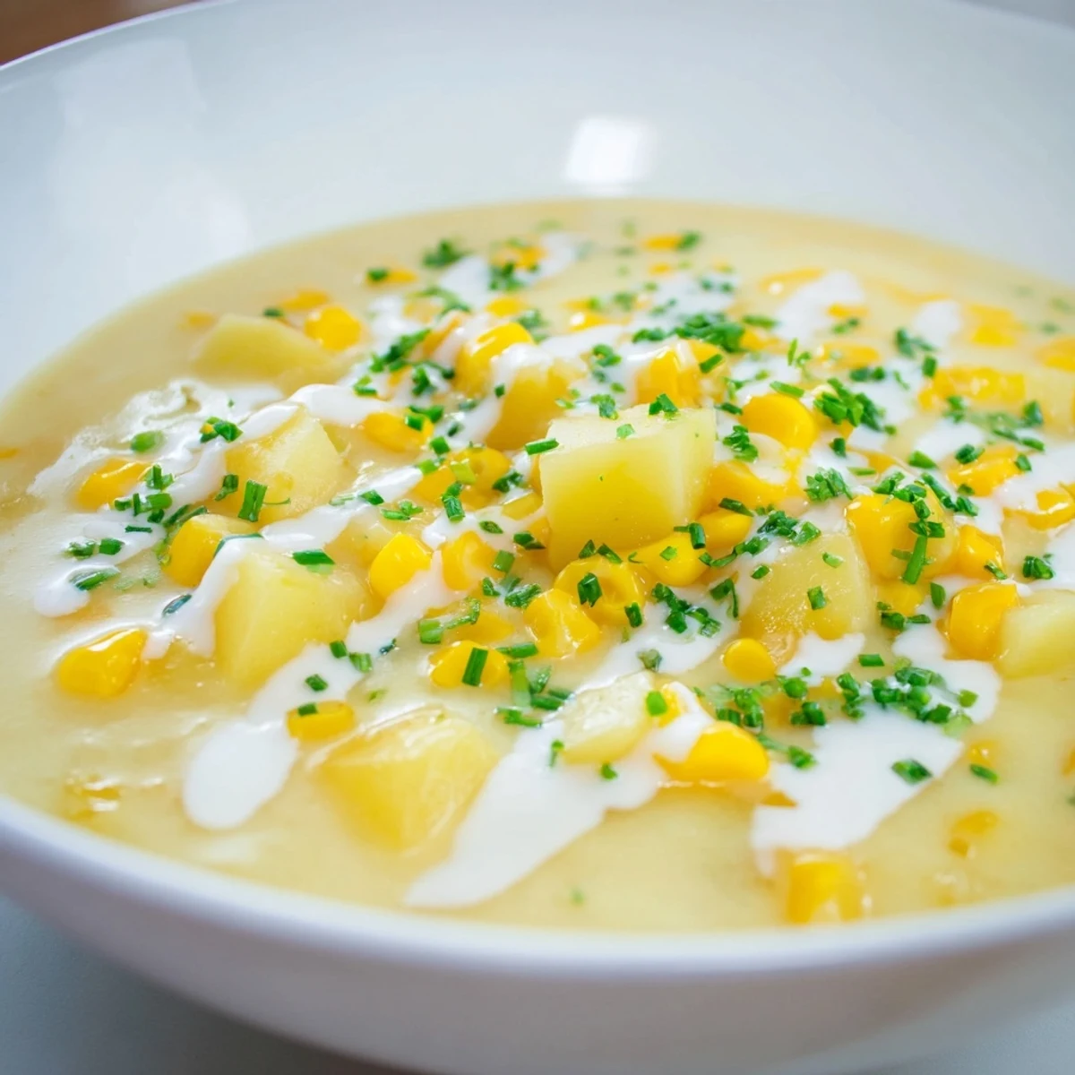 Creamy Corn Chowder with Potatoes and Herbs steaming in a rustic bowl, garnished with fresh chives and bacon bits.