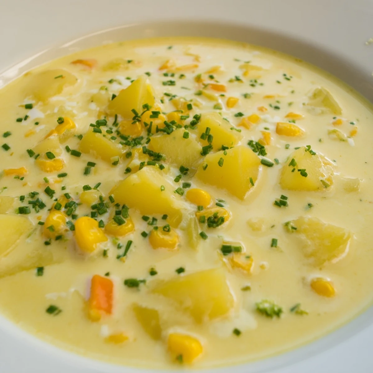 Creamy Corn Chowder with Potatoes and Herbs ladled into a white ceramic bowl, topped with shredded cheddar and parsley.