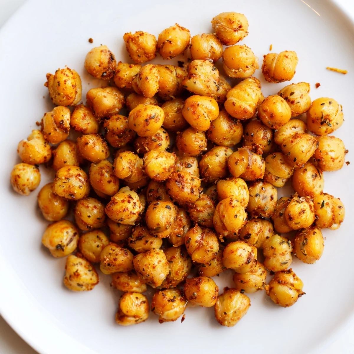 Crispy Cajun Spiced Roasted Chickpeas Snack in a white bowl garnished with fresh parsley for serving.