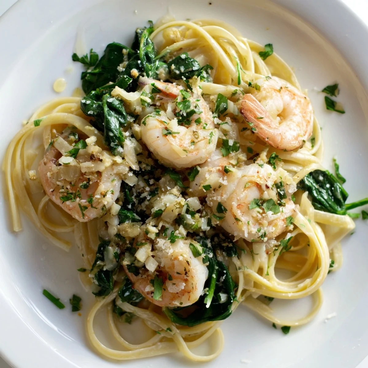 Bright, steaming bowl of Lemon Garlic Shrimp Pasta with Spinach, featuring plump pink shrimp and wilted greens coated in a buttery lemon sauce.