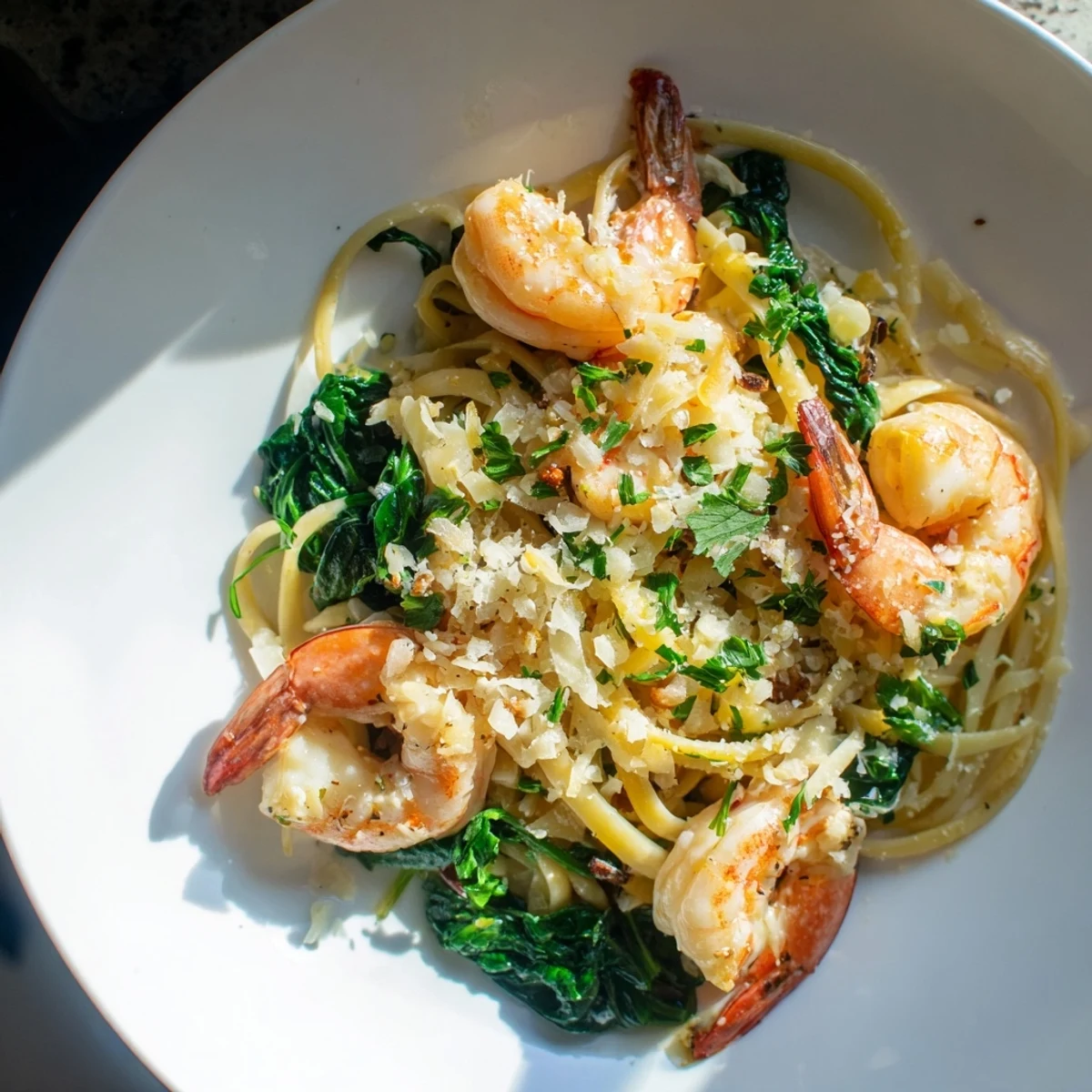 Freshly cooked Lemon Garlic Shrimp Pasta with Spinach plated in a shallow bowl, zesty lemon wedges and garlic butter sauce glistening.