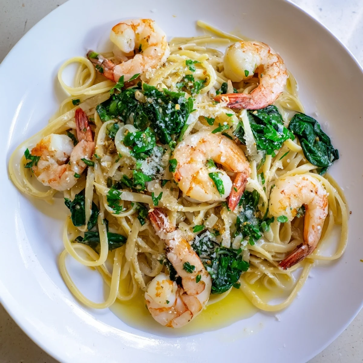Tossed linguine and sautéed spinach mingle with juicy shrimp in Lemon Garlic Shrimp Pasta, garnished with fresh parsley and grated Parmesan.