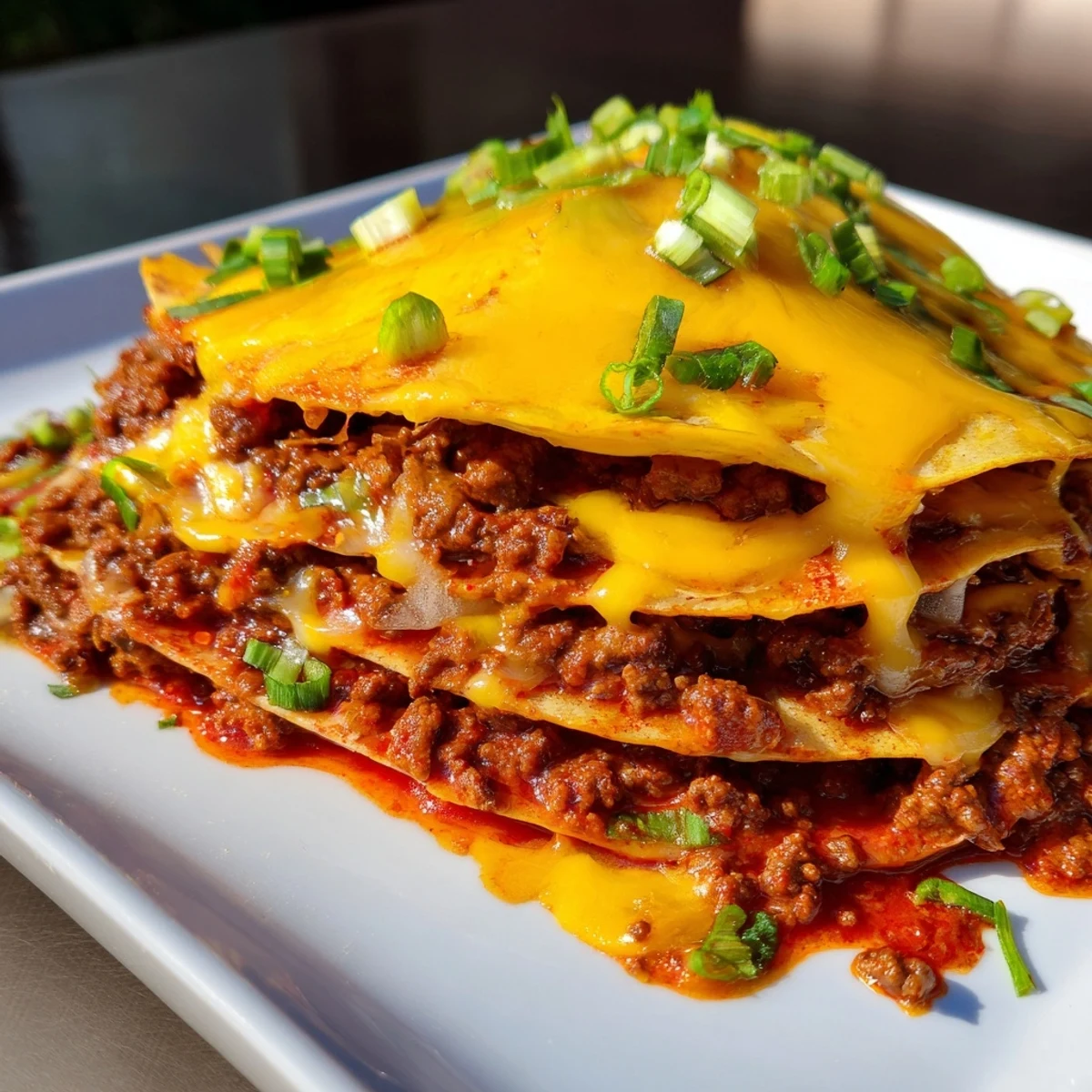Beef Enchilada Casserole with Cheese emerges from the oven with bubbly golden melted cheese topping.