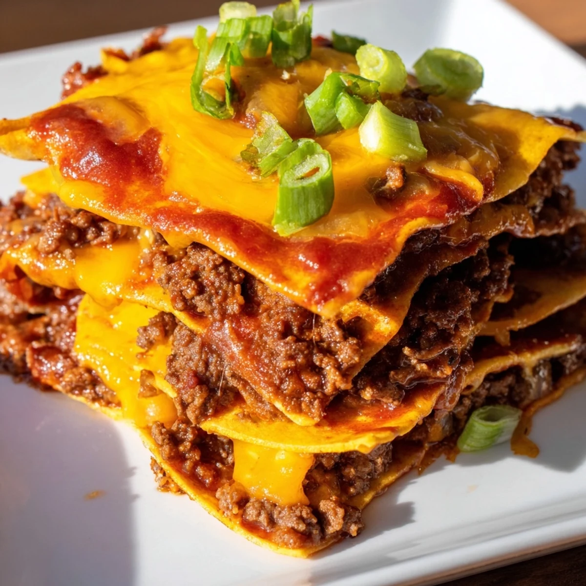 Layers of seasoned ground beef and tortillas sit in a rich red enchilada sauce.