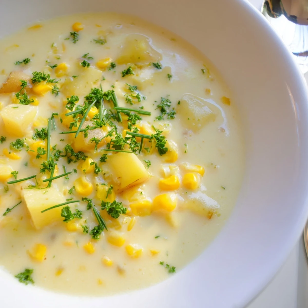 A warm bowl of Creamy Corn Chowder with Potatoes garnished with fresh parsley and chives.